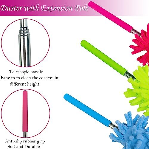3 Pack Retractable Long-Reach Washable Duster for Cleaning, Microfiber Hand