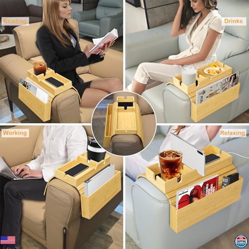 MinBoo Foldable Bamboo Couch Arm Table Tray with Storage Pocket & Cup Holder