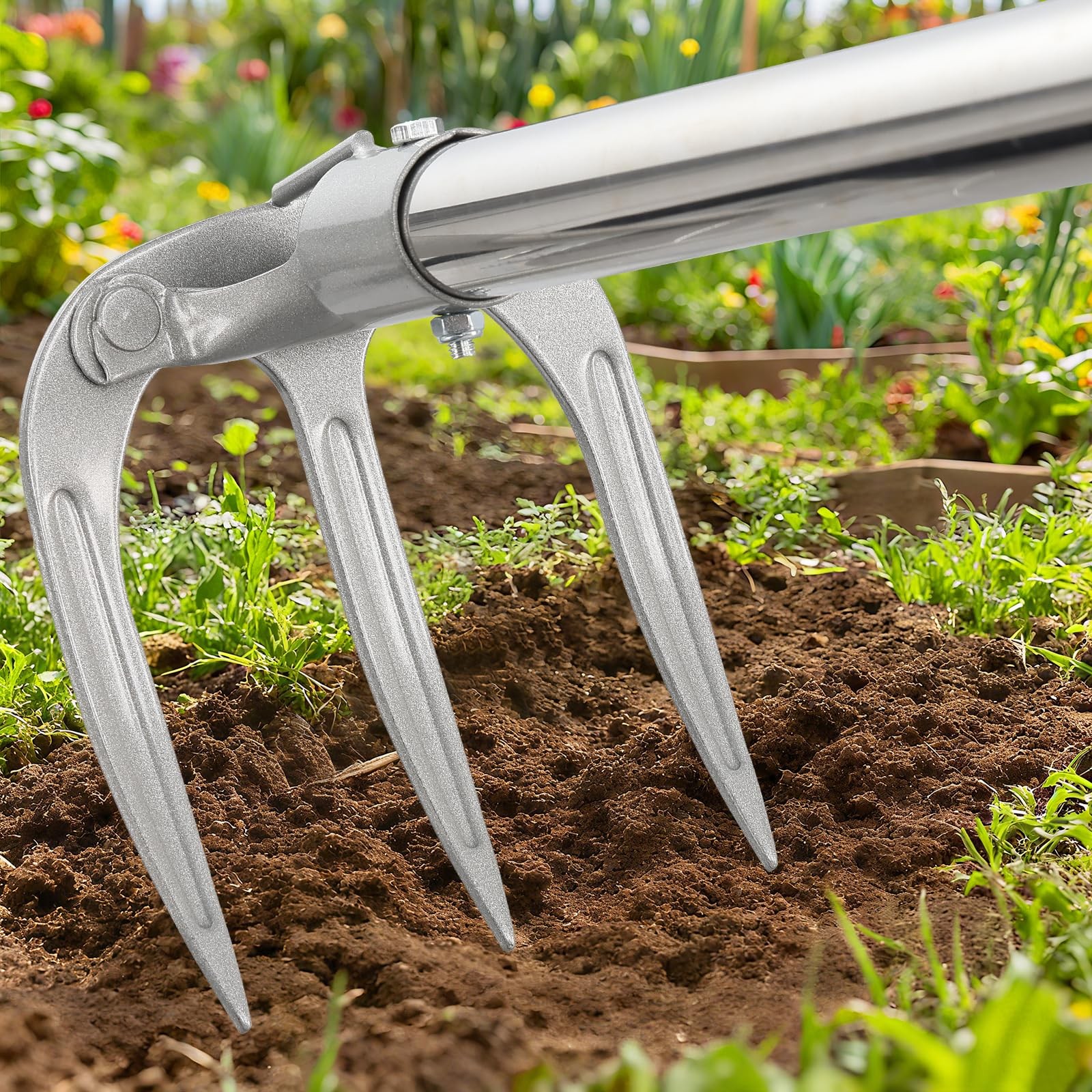 Hand Rake Garden Tool - 57" Long Handle Soil Tiller Cultivator 57", silver
