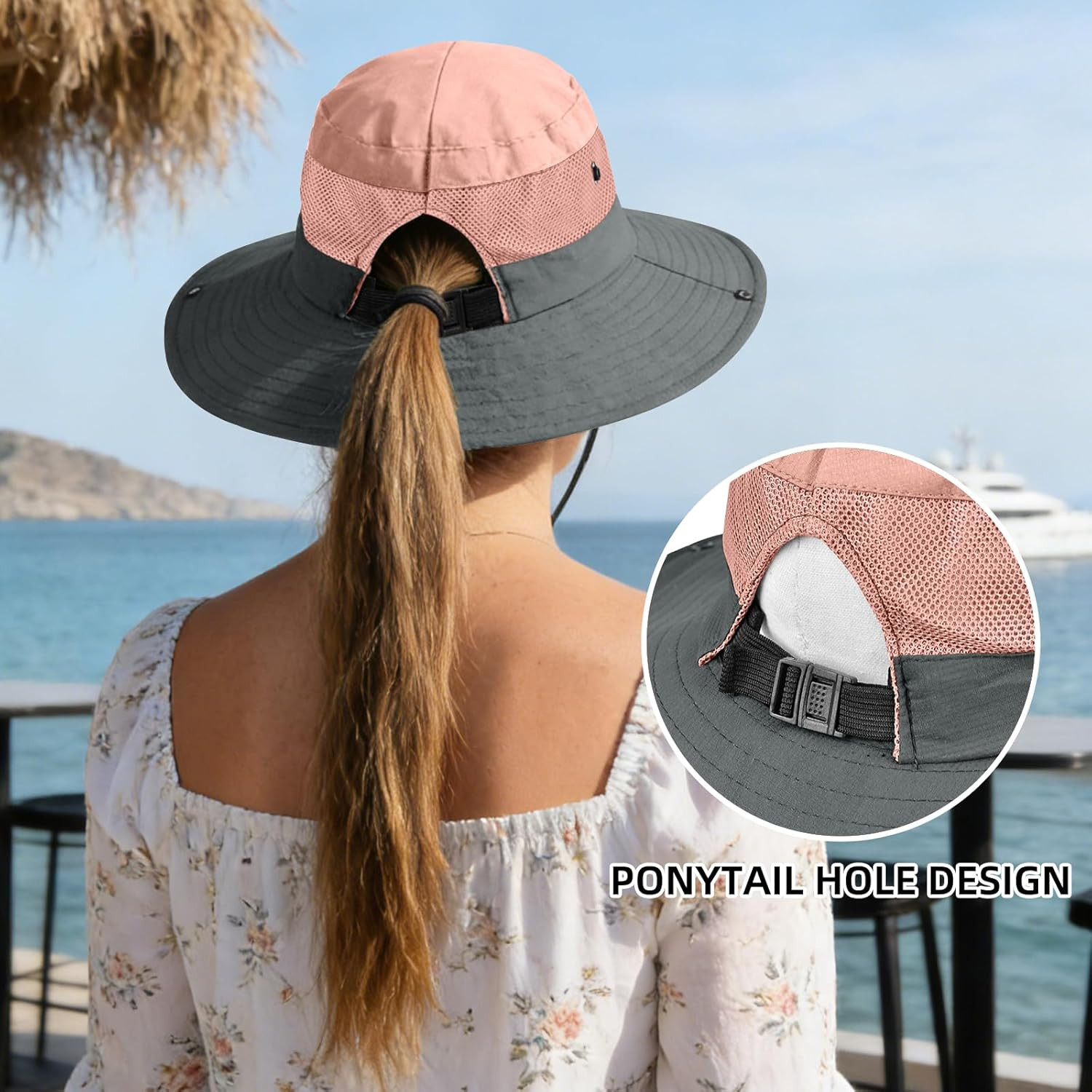 Women’s UV Protection Ponytail Sun Bucket Hat - Foldable Wide Brim for Summer