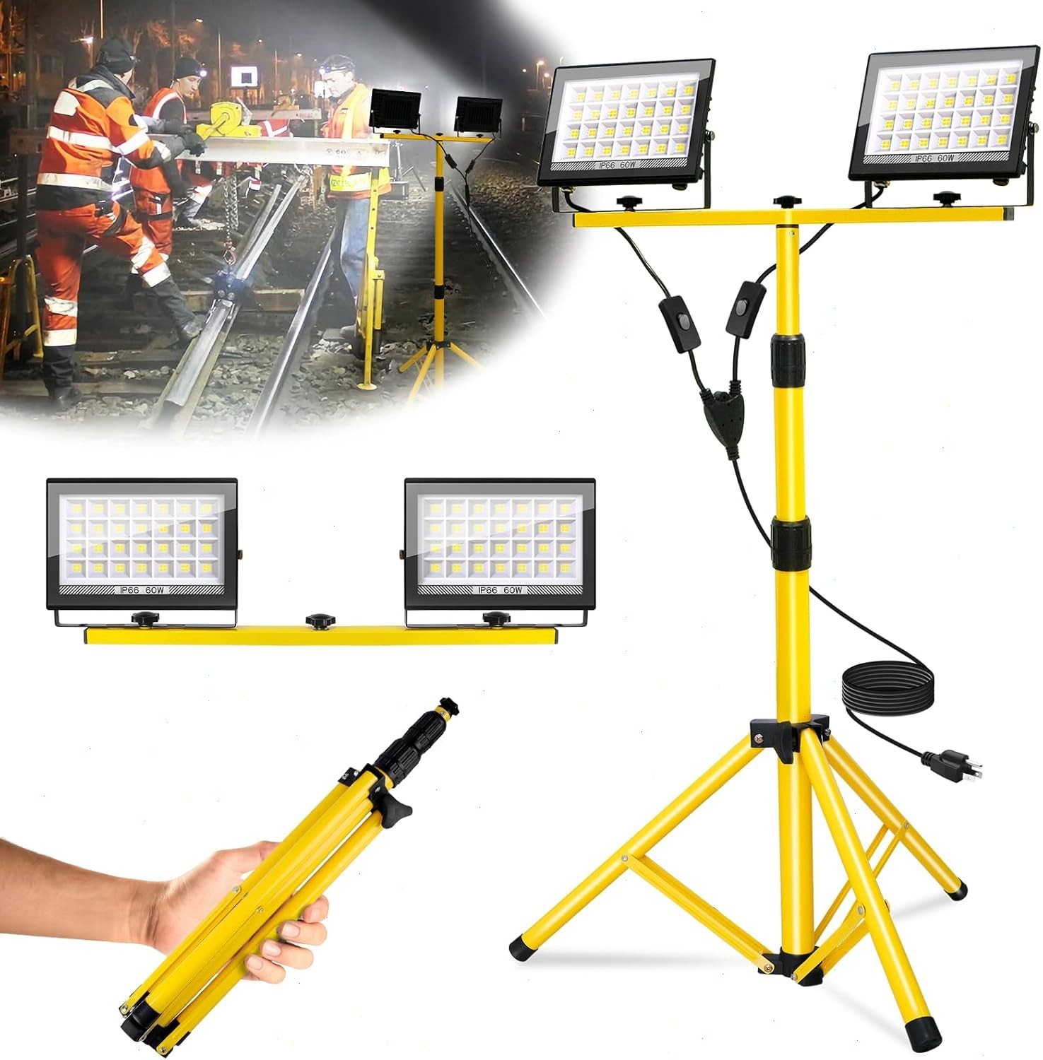 LED Work Light Tripod Stand Dual Head Work Light 3 Heights Adjustable Job Site