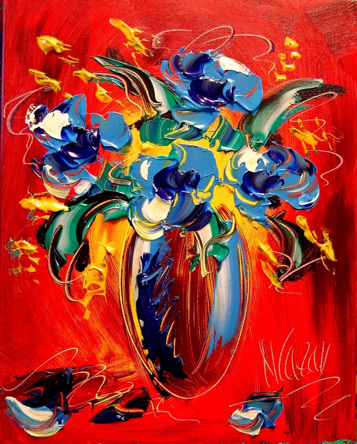 Blue Flowers Original Oil Painting Canvas Wall Art Stretched M.Kazav