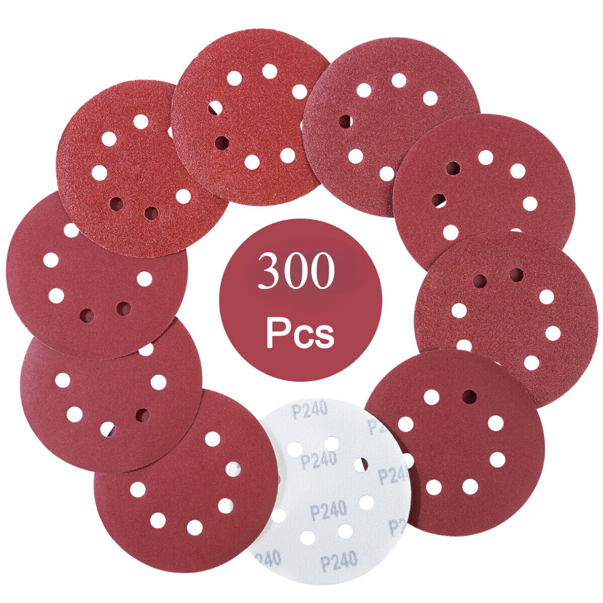 5" X 300PCS Sanding Discs 60-600 Grit Hook Loop 8 Holes Orbital Sander Sandpaper