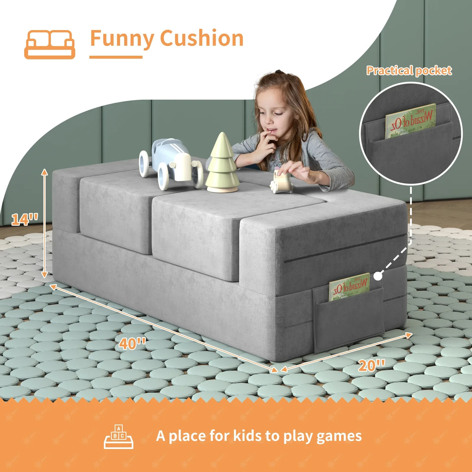 Kid Couch Lounge 40x40x7"Sofa Bed Washable and Durable Cover Gray Covertible