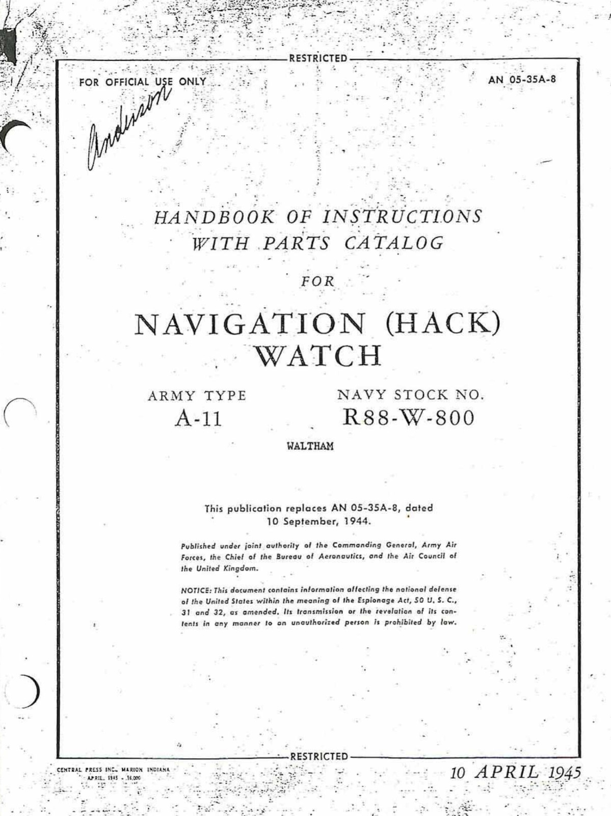 18 Page AAF NAVIGATION (HACK) WATCH A-11 R88-W-800 Handbook Parts Manual on CD