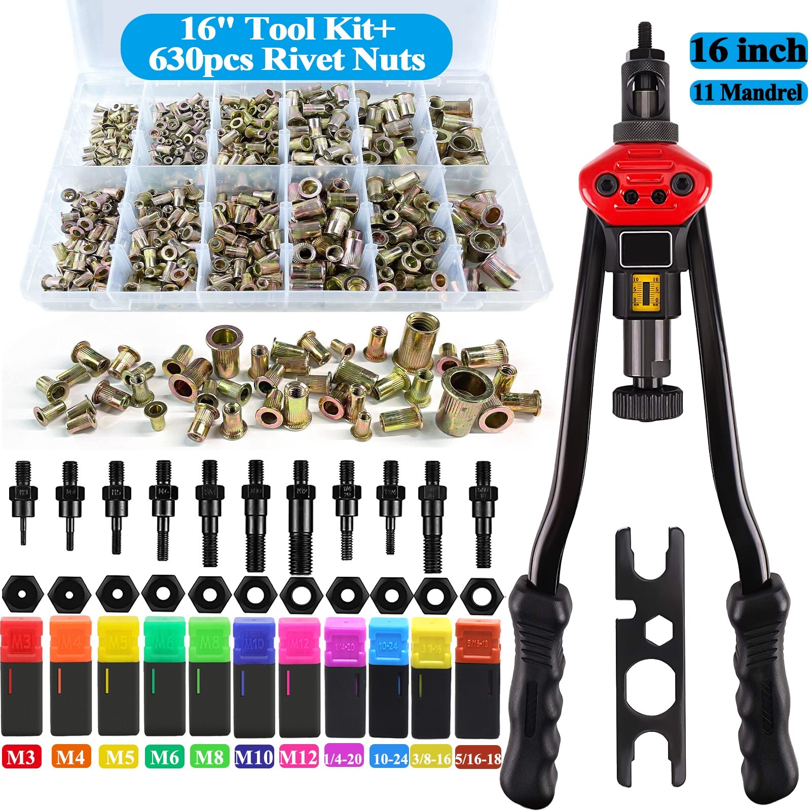 iMeshbean 16" Rivet Nut Tool Kit w/ 630PCs Rivet Nuts 11PC Metric & SAE Mandrel