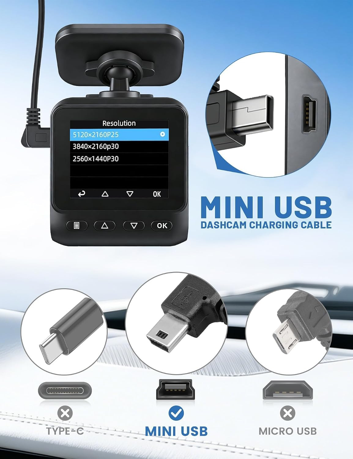 Mini USB Dash Cam Power Cord 10Ft, USB-C to Left Angle Mini-B Cable