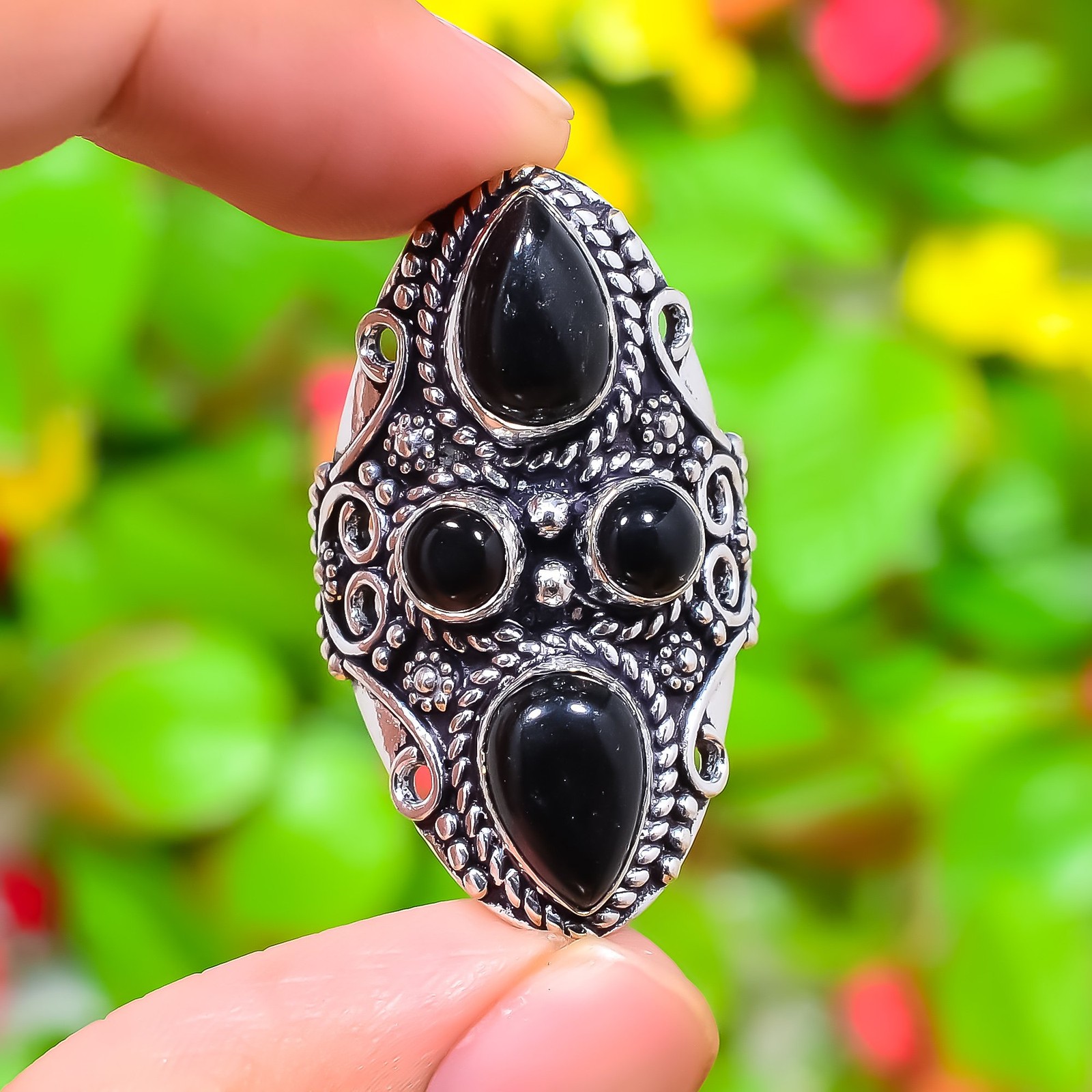 Black Onyx Gemstone Handmade 925 Sterling Silver Jewelry Ring Size 8.5 S955