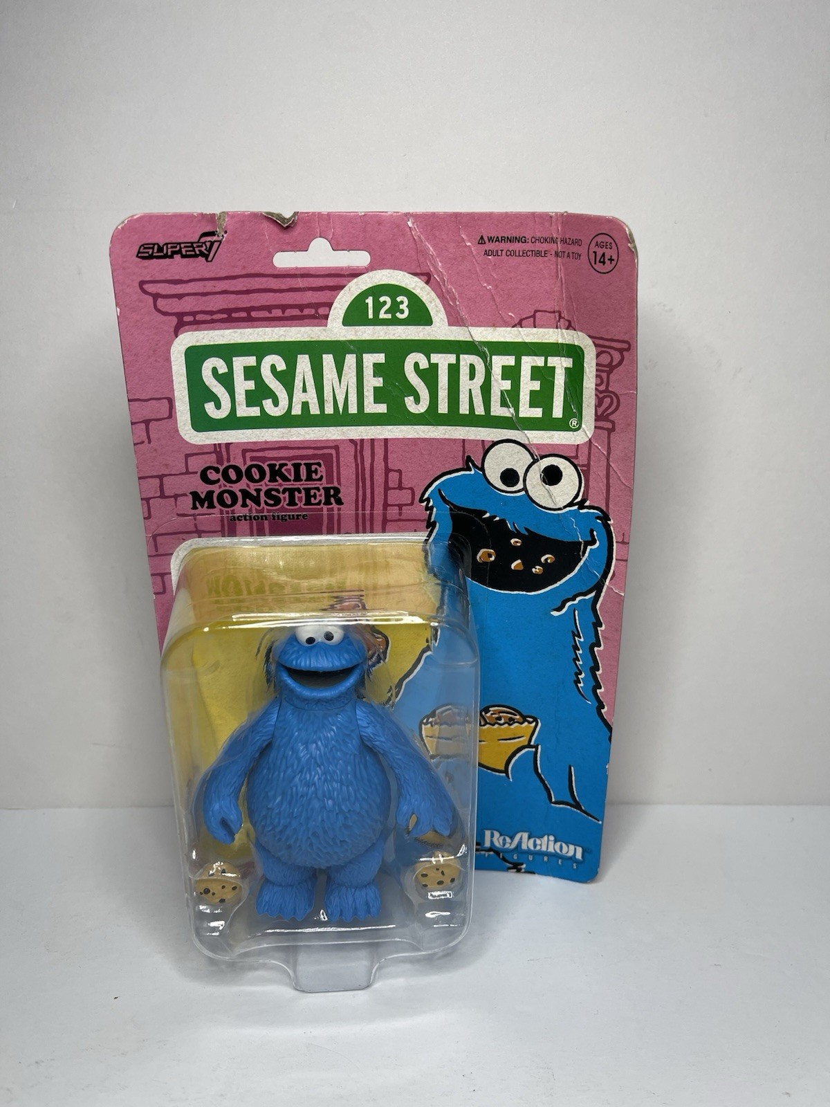 Super7 Sesame Street COOKIE MONSTER w/ COOKIES 3.75-Inch ReAction Damage box!