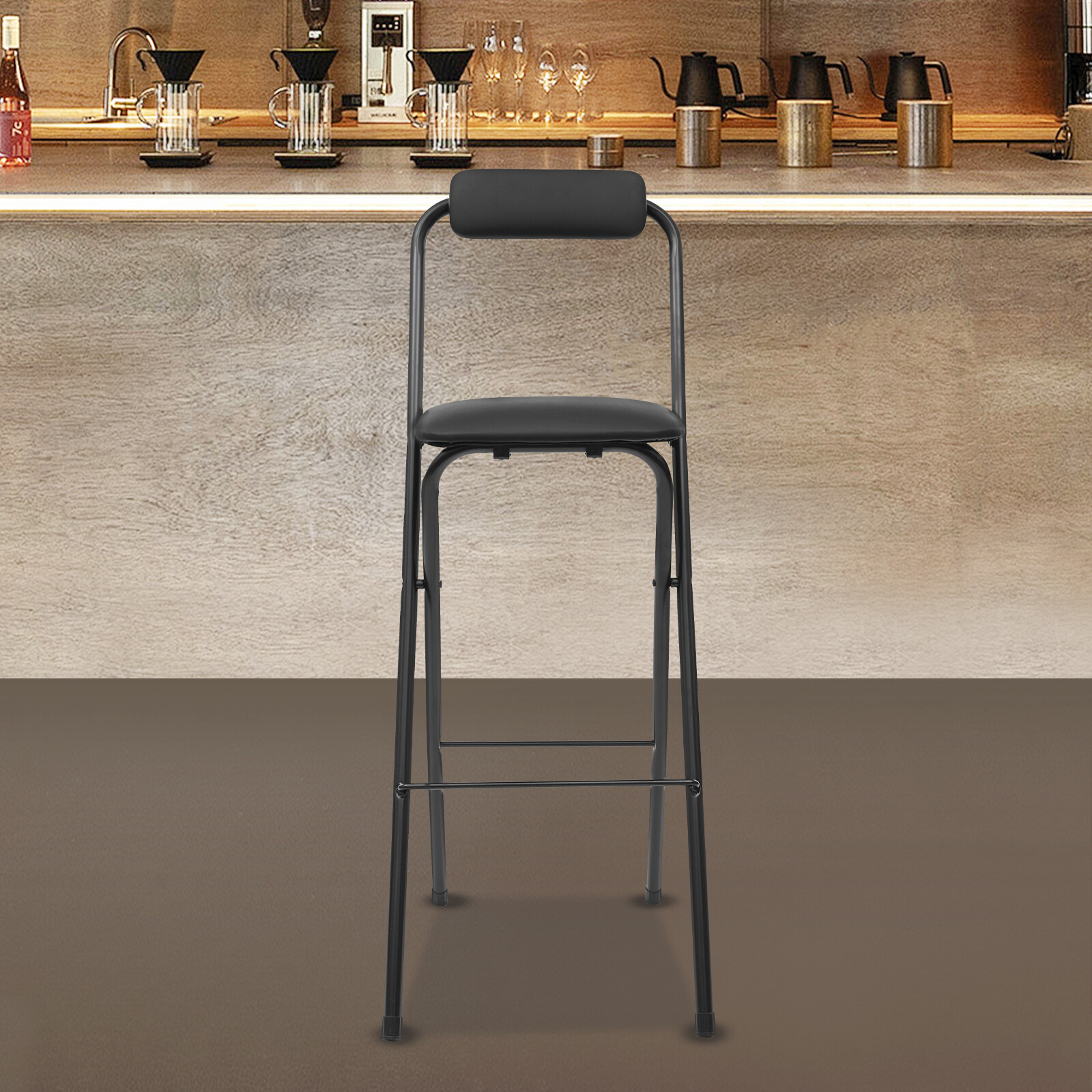 Black Padded Folding High Back Chair Breakfast Kitchen Bar Stool Foldable Seat
