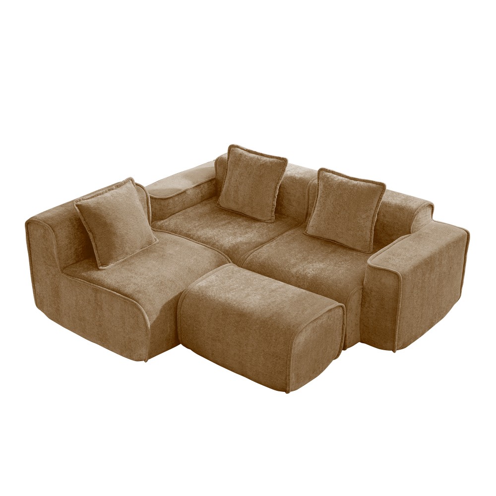 Modular 3-Seat L-Shape Sectional Sofa w/ Ottoman & Pillows, Velvet Brown