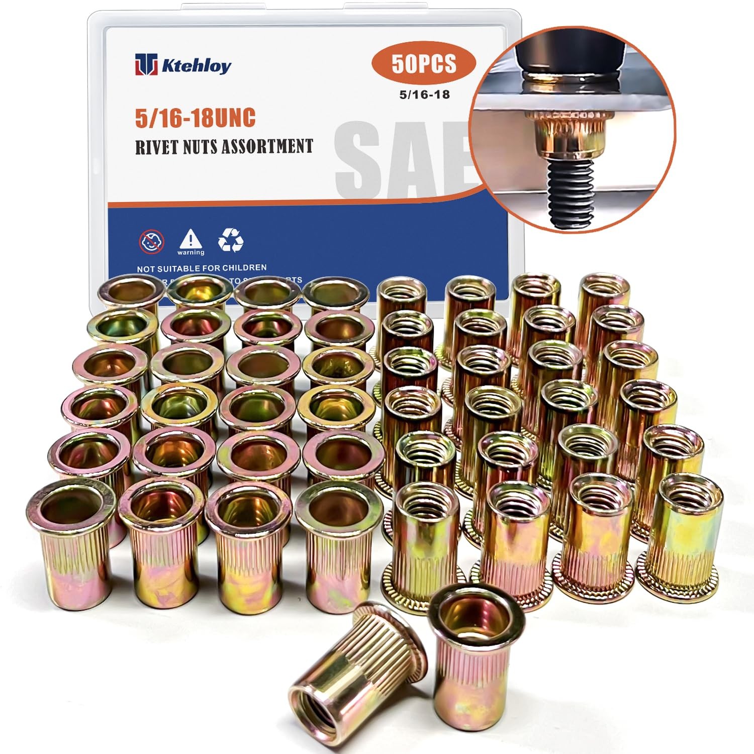 Rivet Nut, Ktehloy 50Pcs 5/16"18UNC Carbon Steel Flat Head Rivnut Threaded In...
