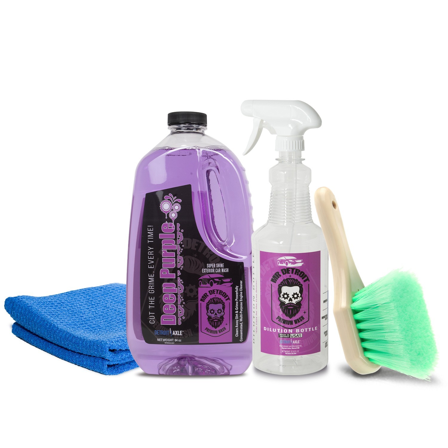 Mr. Detroit -4pc Purple Degreaser Car Cleaning Kit Brush Towel Bottle 64oz Combo