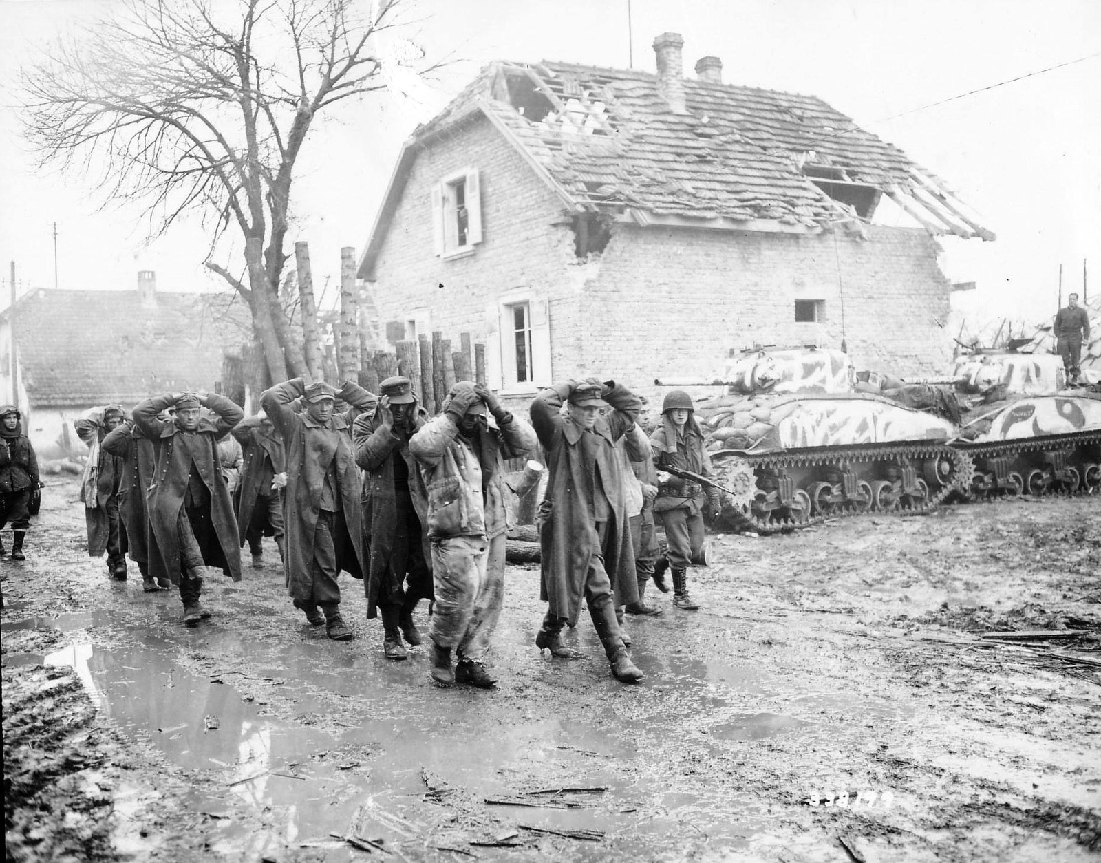 WWII Photo Captured German Soldiers Camoflauged US Sherman Tanks  WW2 B&W / 2370