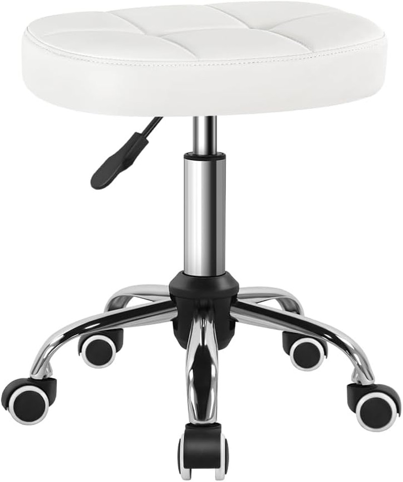 White 6-Square Lattice PU Swivel Stool with Wheel for Work SPA Shop Massage Heig