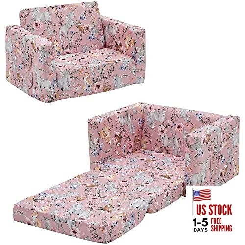 Kids Convertible Sofas Children Flip-Out Sofa - 2-in-1 to Lounge Pink Unicorn
