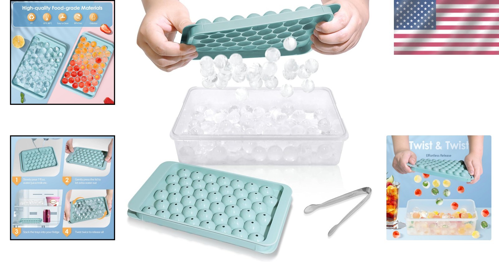 Compact 2-Pack Ice Cube Tray with Bin - Effortless Round Ice Maker in Blue