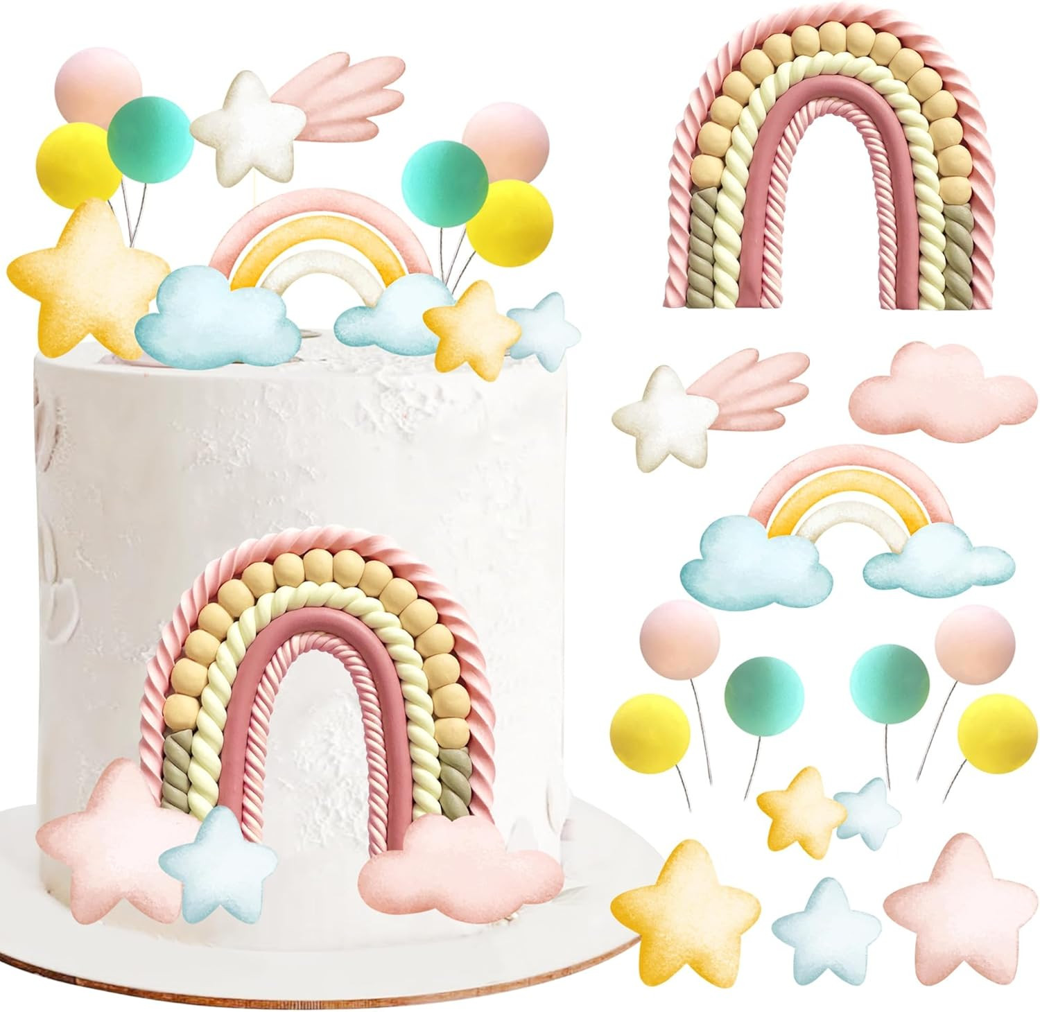 Rainbow Cake Topper with Colorful Balls Plus Cardboard Cake Decorations