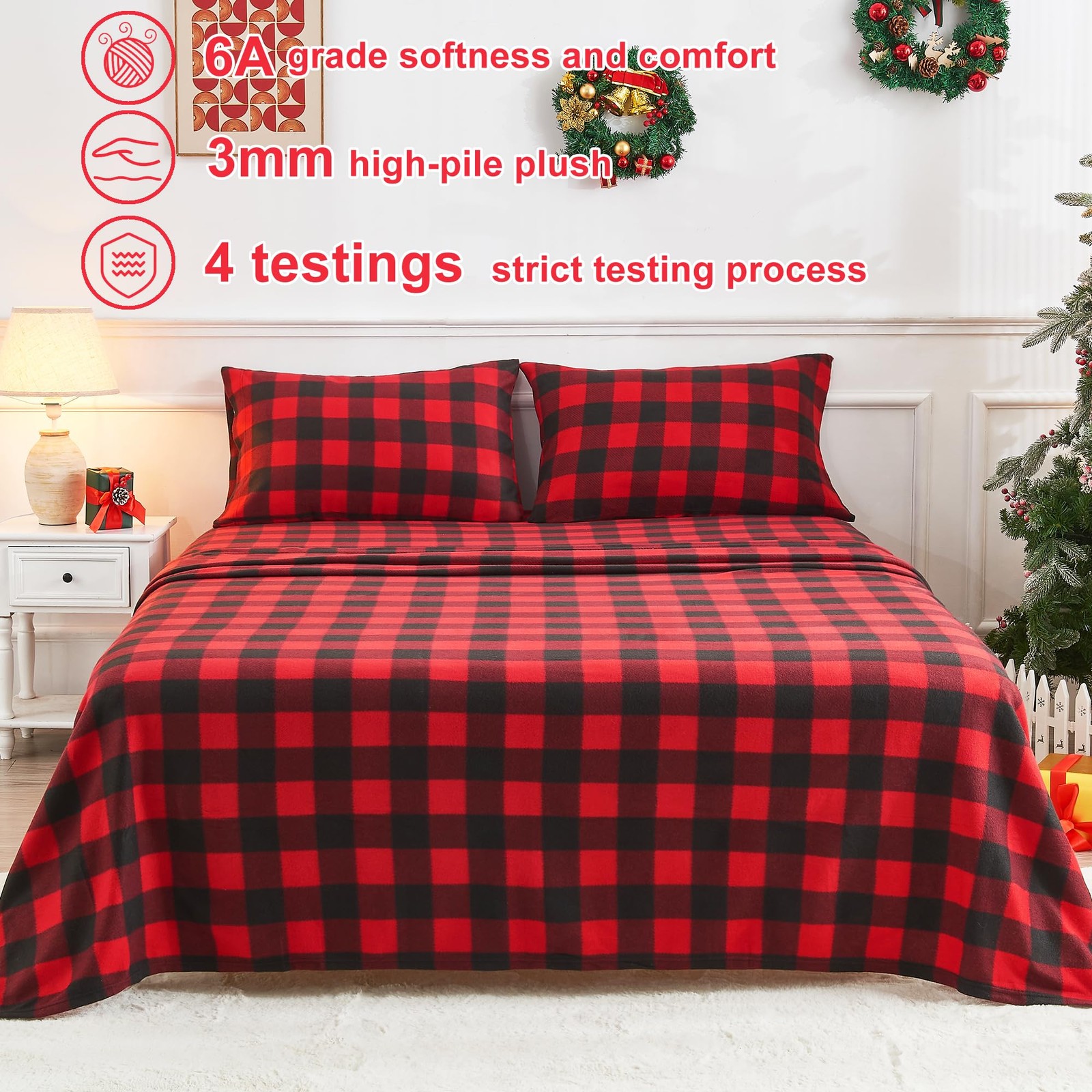 Softan Christmas Fleece Sheets Full Size, Flannel Full, Red Buffalo Plaid