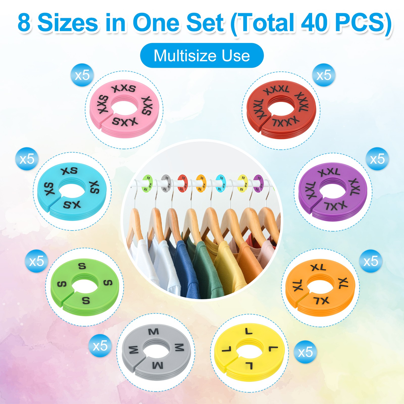 40 Pack Round Clothes Dividers for Hanging Clothes 8 Sizes Multicolored