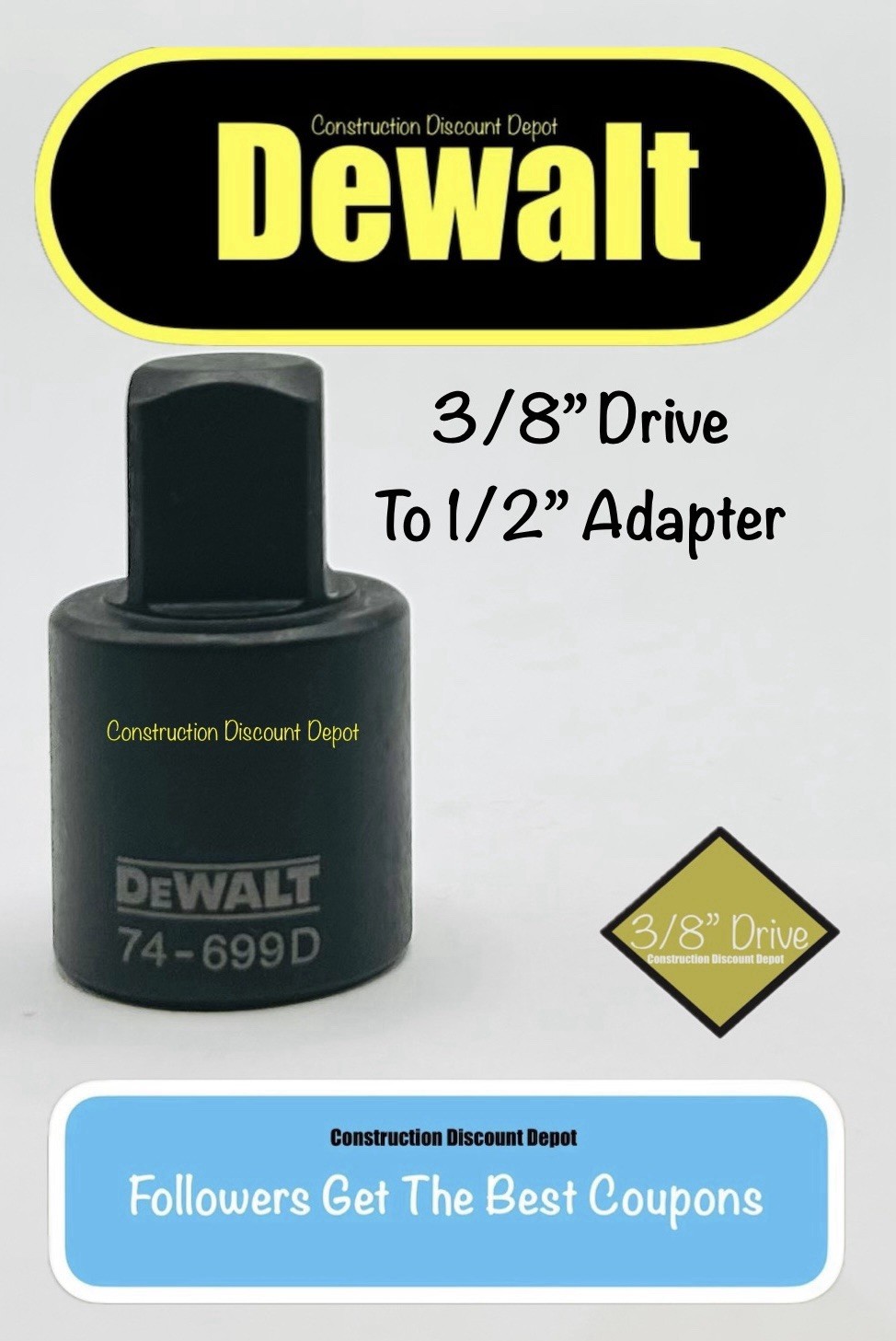Dewalt 74-699D 3/8" Drive to 1/2" Adapter For Black Impact Socket