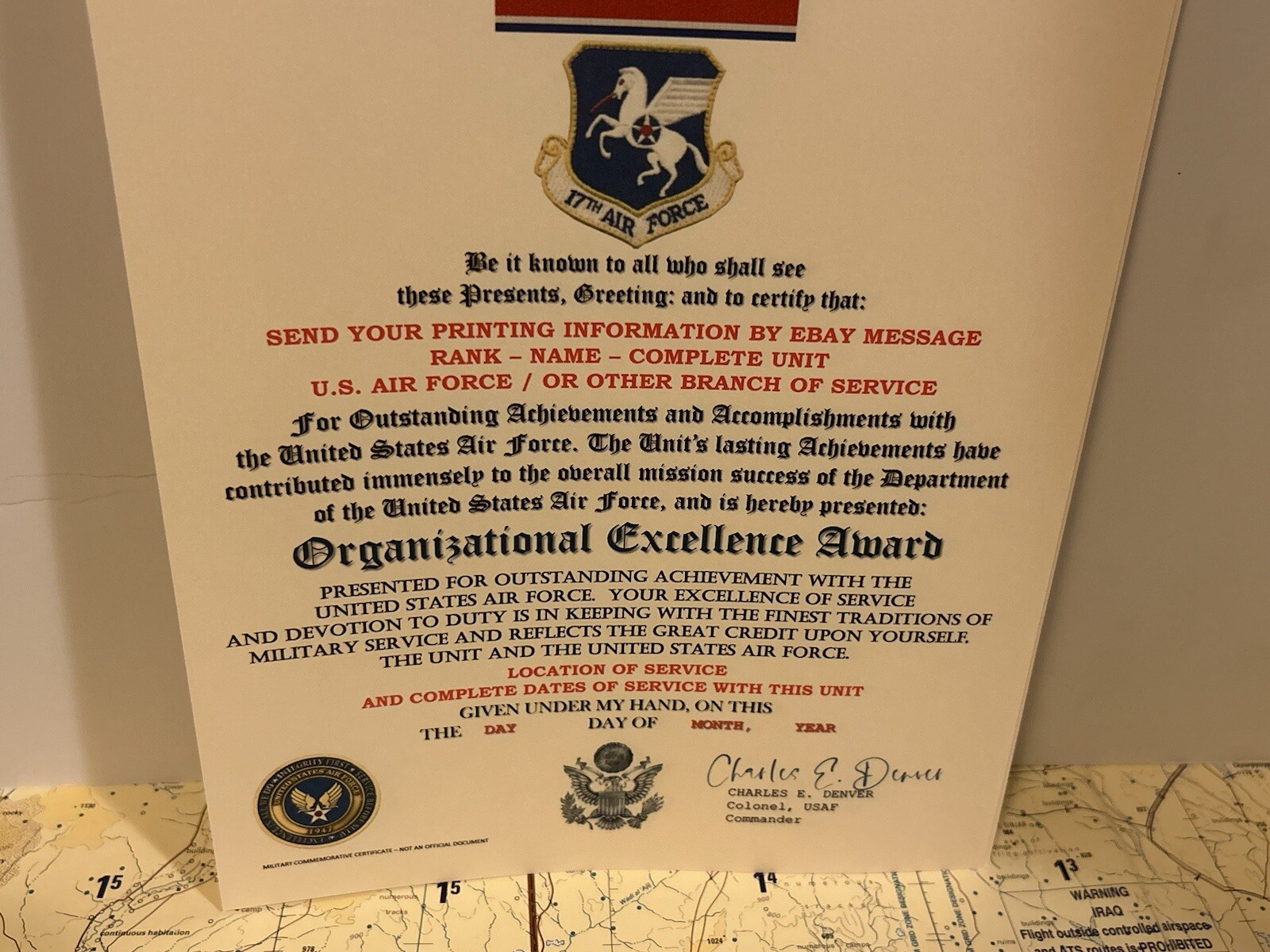 U.S. AIR FORCE / 17TH AIR FORCE - ORGANIZATIONAL EXCELLENCE AWARD CERTIFICATE