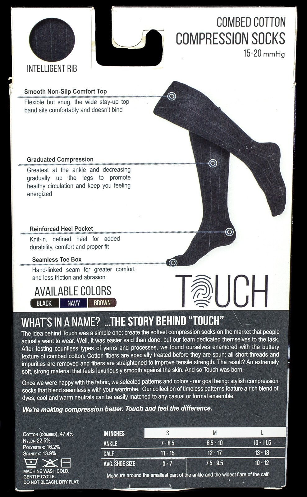 Touch Womens LARGE Knee High Compression Dress Socks 15-20mmHg BLK Rib Pattern