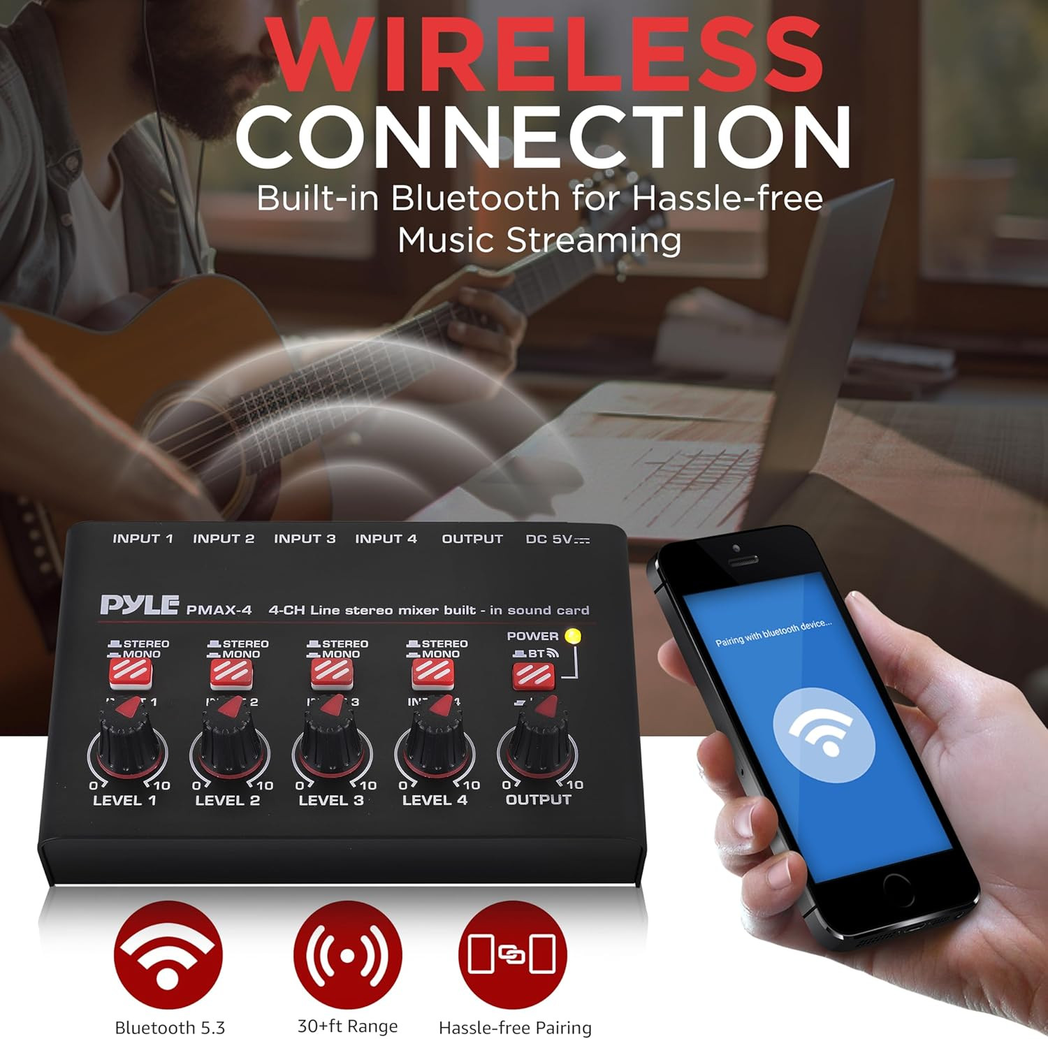 4-Channel Wireless Bluetooth 5.0 Line Mixer - USB Audio Interface - 4 Mono/Stere