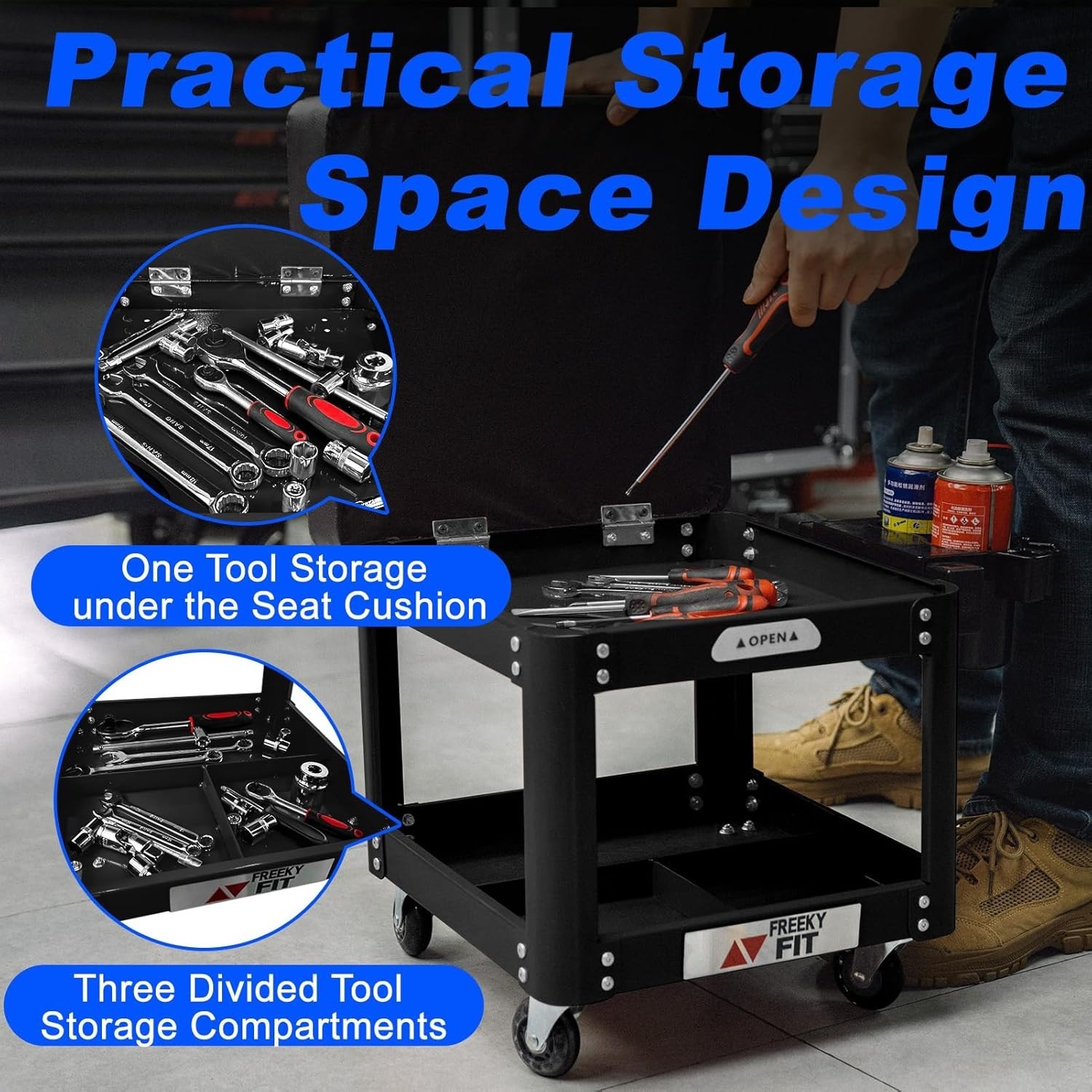 Comfort & Mobility: Rolling Workshop Stool with Extra Storage - 330 LBS Capacity