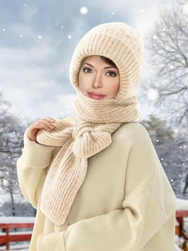 Integrated Ear Protection Windproof Cap Scarf Elastic Knitting Thick Beige