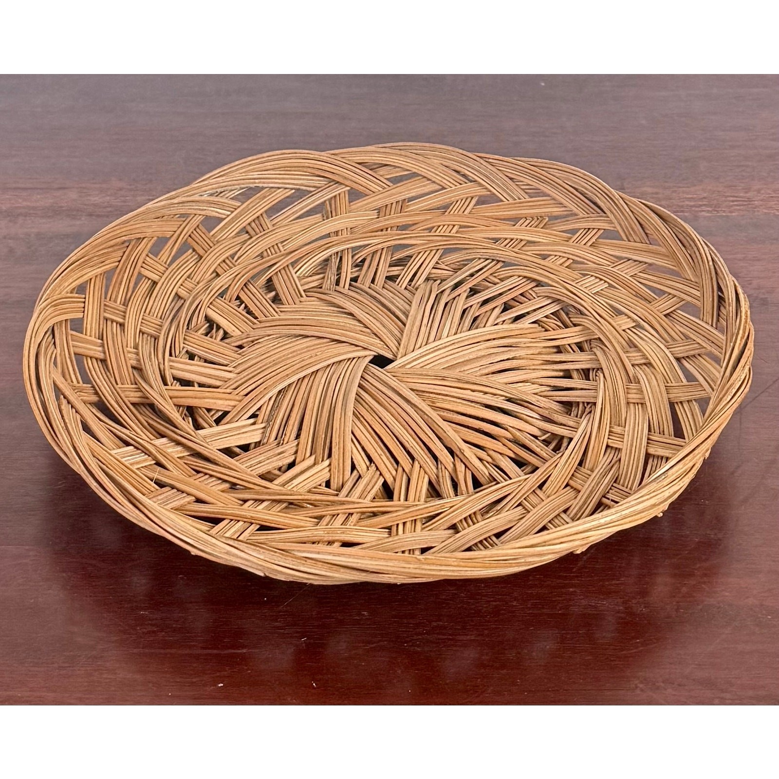 Rattan Swirl Wall Basket 1970s Boho Woven Decor