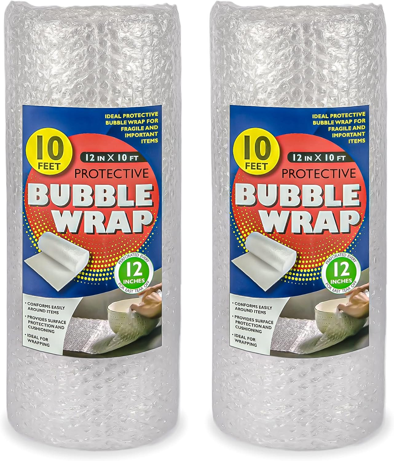 2 Pack Bubble Cushioning Wrap Rolls, 12” X 20’ Total, 3/16” Bubbles, Perforated