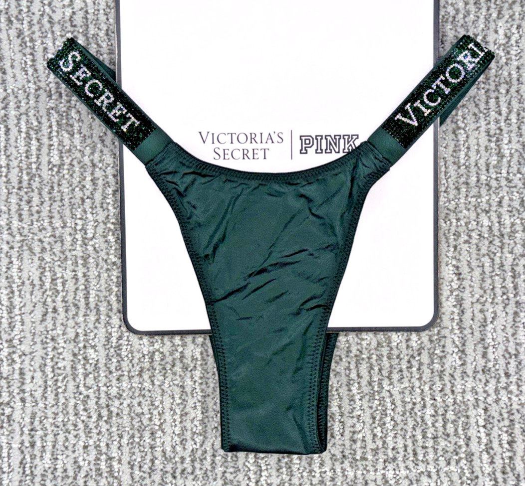 Victoria's Secret Very Sexy NWT Small Green Spellout Shine Strap Brazilian Panty