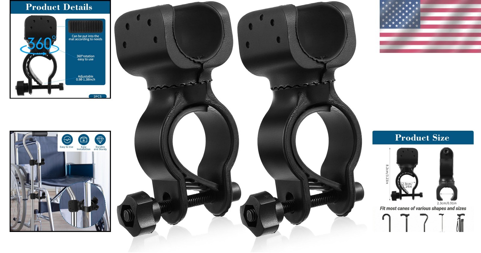 2 Pack Black Durable Walking Stick Holders, Cane Holder, Wheelchair