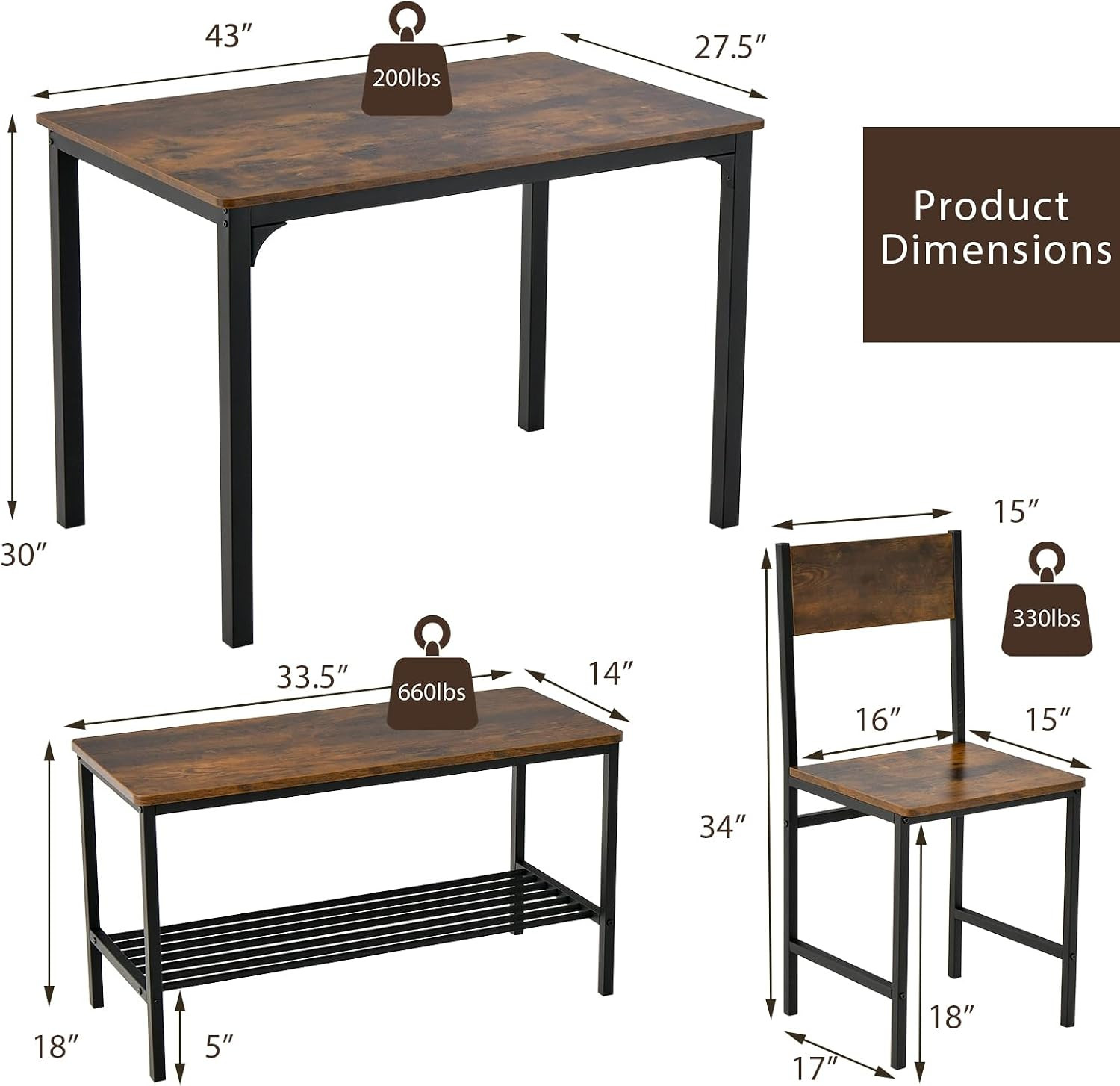 Dining Table Set for 4, Kitchen Table with Bench and Chairs, Industrial Gatherin