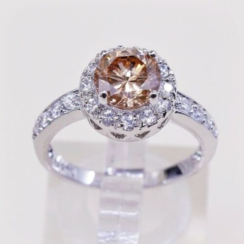 Sz 7.25, Vtg Sterling Silver Ring, 925 Silver Engagement Ring W/ Orange Crystal