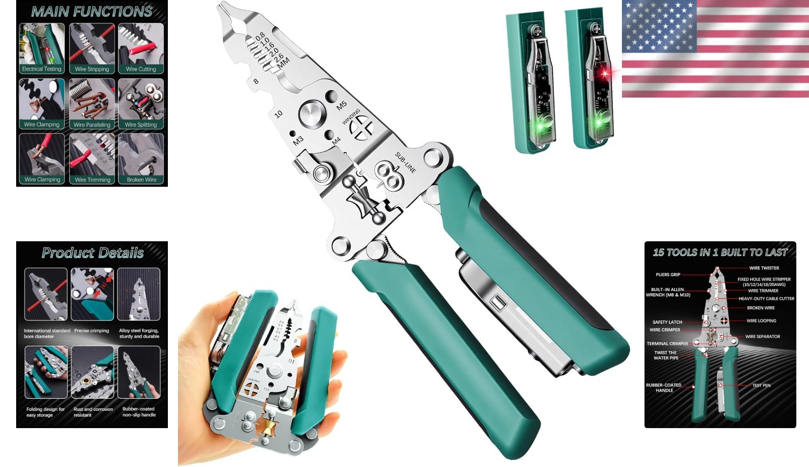 15-in-1 Multi-Function Wire Strippers with Voltage Tester - Compact & Ergonomic
