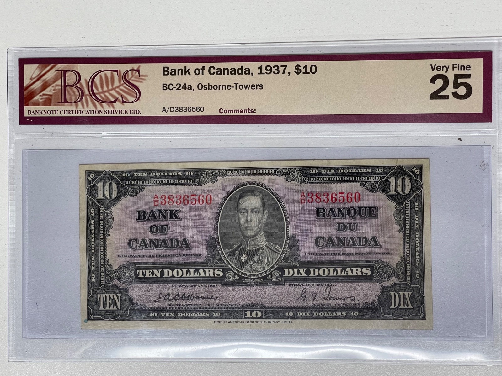 1937 Bank of Canada $10 Note VF25