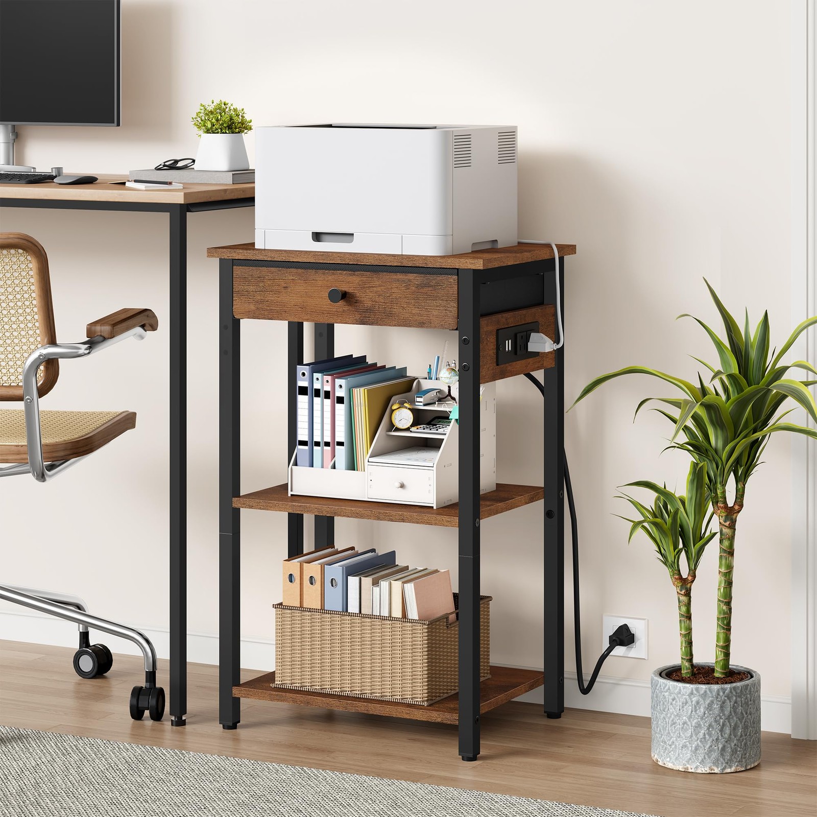 Printer Stand with Power Outlets, 3-Tier Under 3 layer & CS, Rustic Brown