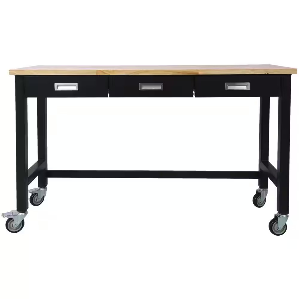 60 In. Workbench with Drawer Storage Heavy Duty Bamboo Wood Work Table with Whee