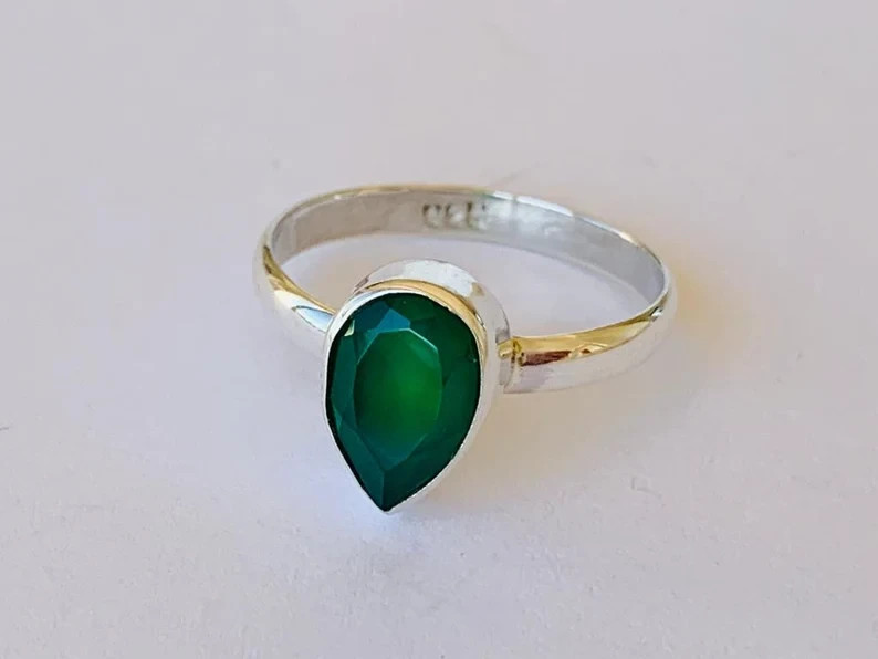 925 Sterling Silver Green Onyx Ring Gemstone Teardrop Pear  Ring All Size