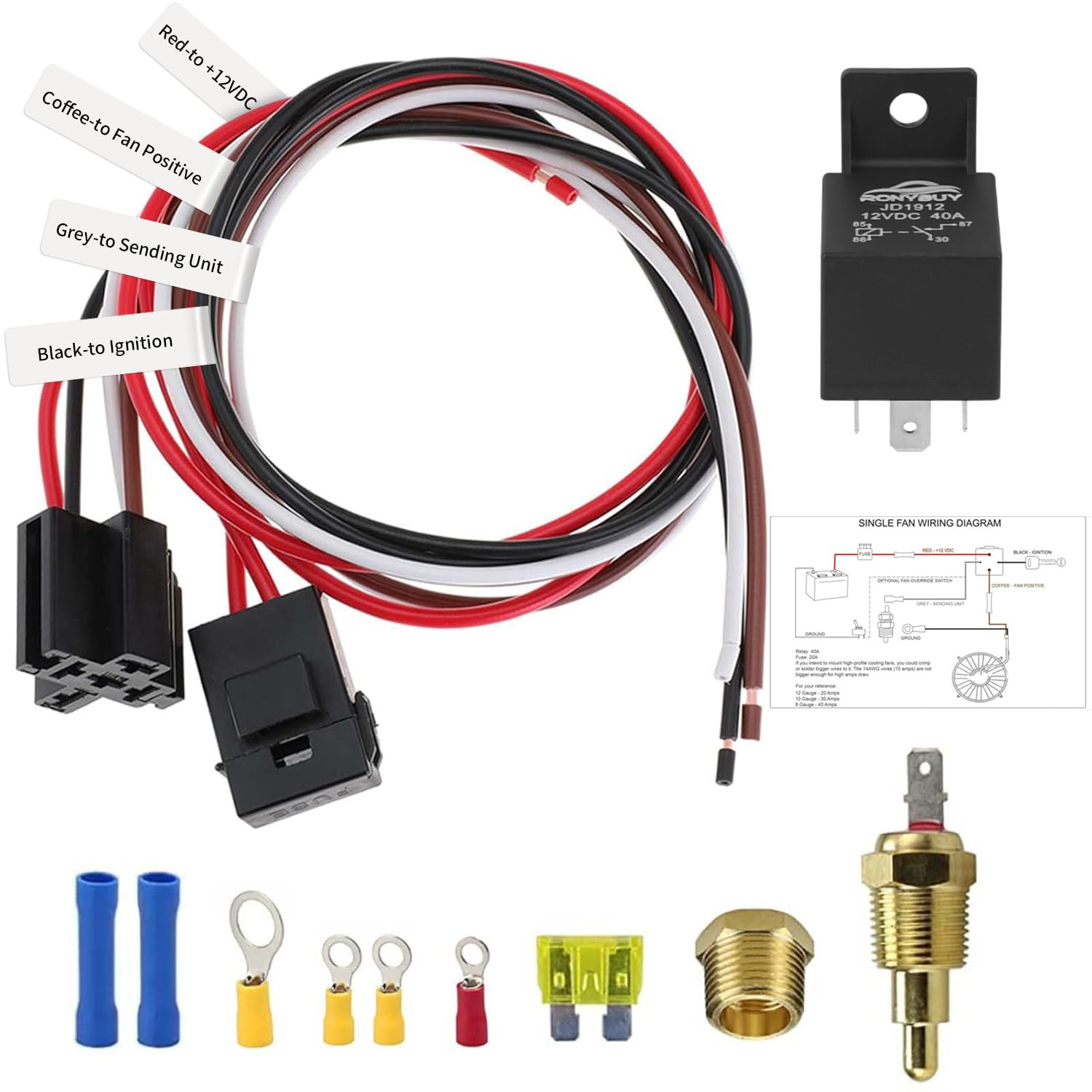 Electric Fan Relay Kit 40 AMP Automotive Relay Thermostat Switch for Radiators