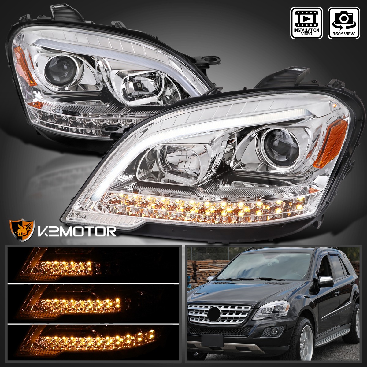 Fits 2009-2011 Mercedes Benz W164 ML320 LED Sequential Strip Projector Headlight