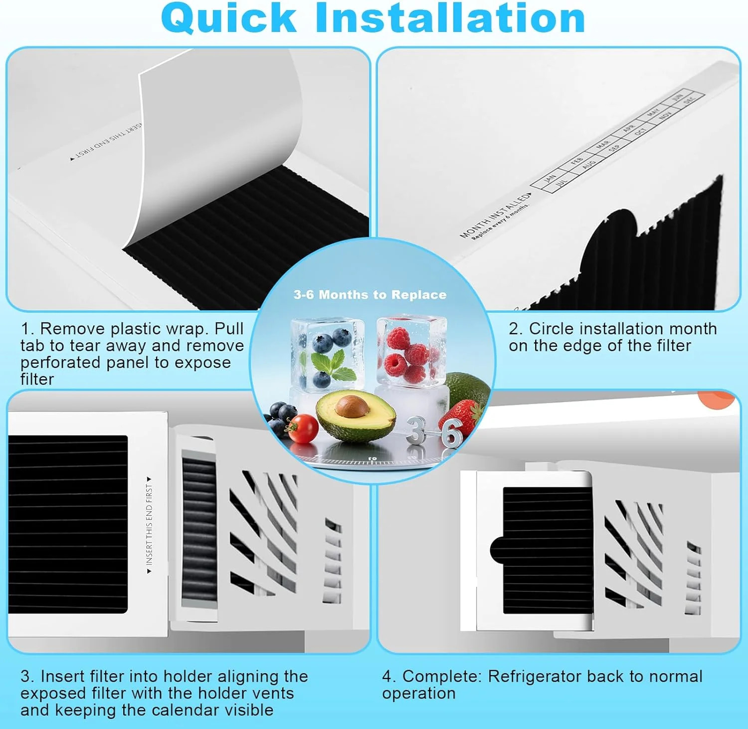 6-Pack Premium Refrigerator Air Filter Replacement, Carbon Activated Filter Comp