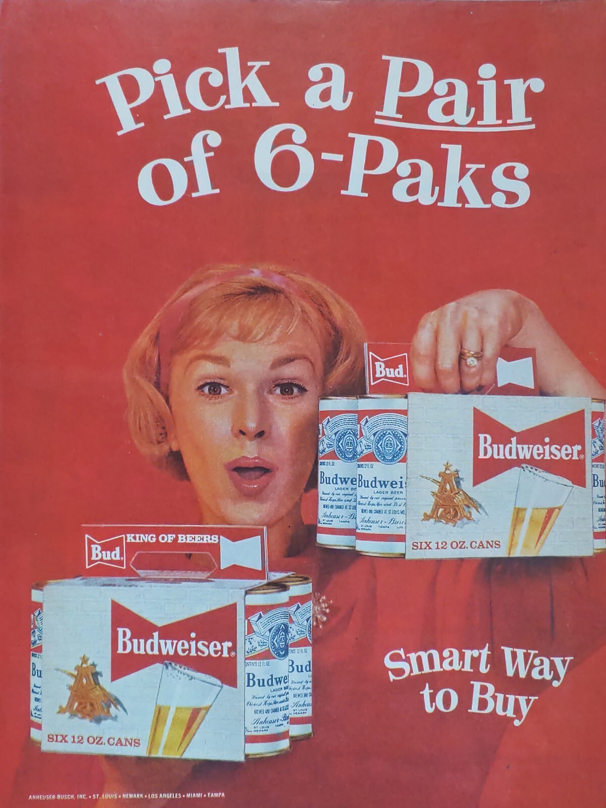 1959 vintage Budweiser print ad. Pick a pair of 6-paks