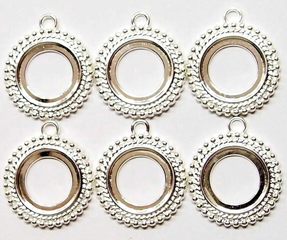 6 of 20mm Round Shiny Silver Thick Beaded Rope Pendant Settings 34x30mm