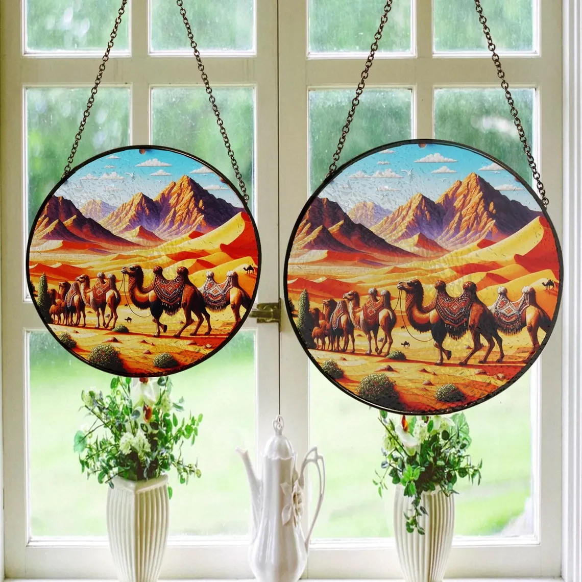 Personalized Camel In The Desert Stained Glass Suncatcher, Decor Gift