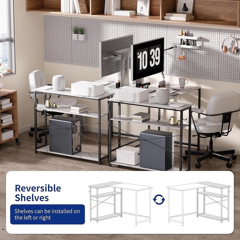 L-Shaped Computer Desk W/ Reversible Shelves Ample Storage Home Office Gaming US