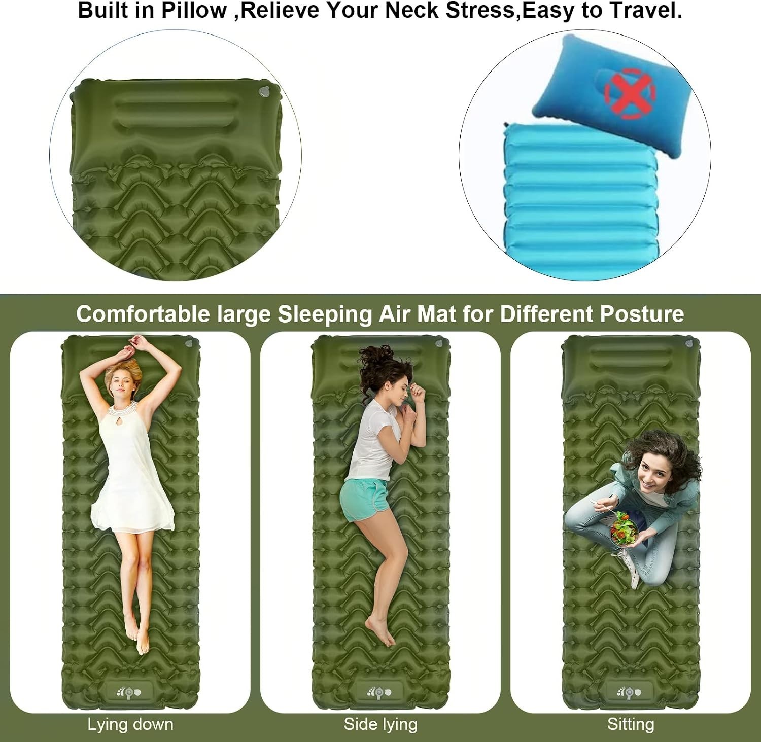 Ultralight Inflatable Sleeping Pad - Built-in Pump, Compact & Waterproof - Green