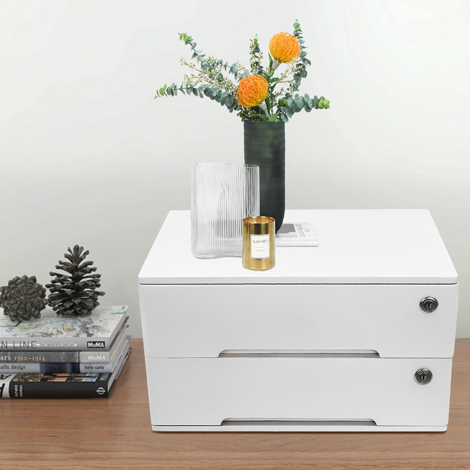 Compact Lockable 2-Drawer Wooden Desktop Storage Cabinet with Keys